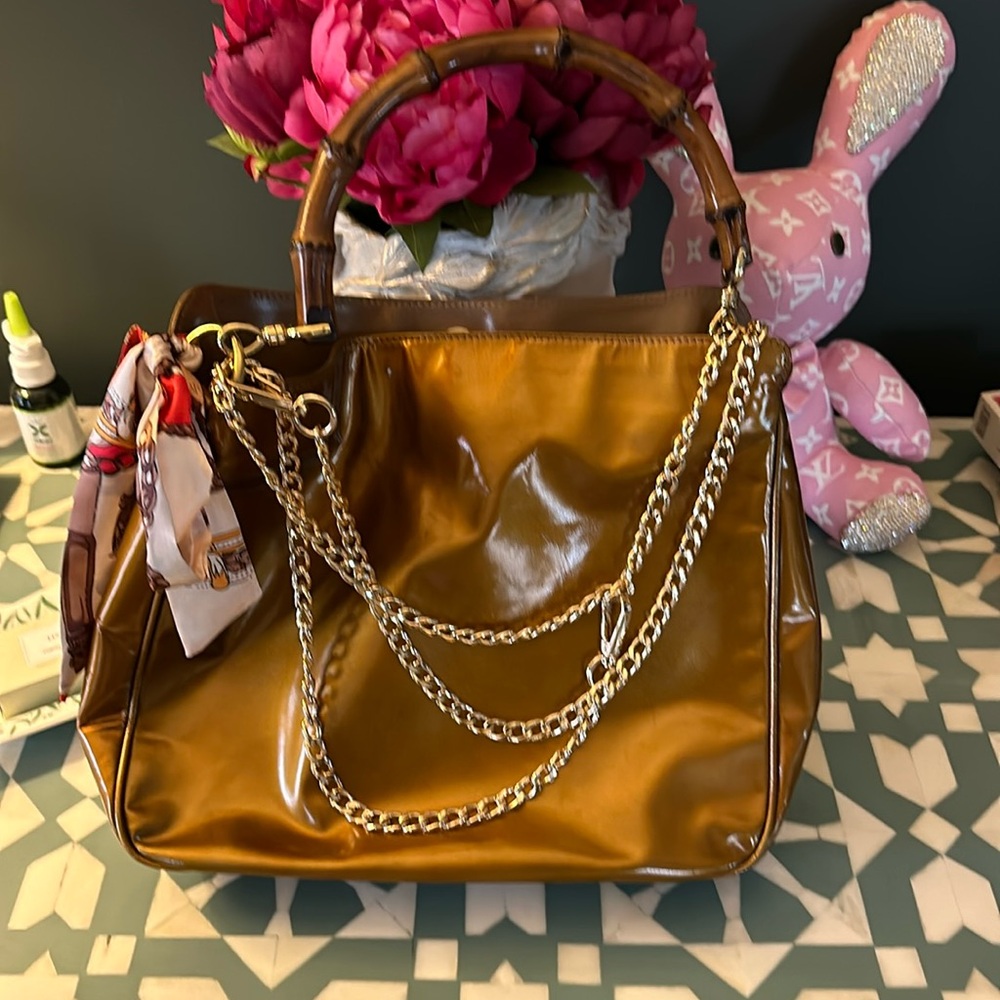 GUCCI Vintage 1970's Bamboo Shoulder Bag Enamel Bronzy/Gold